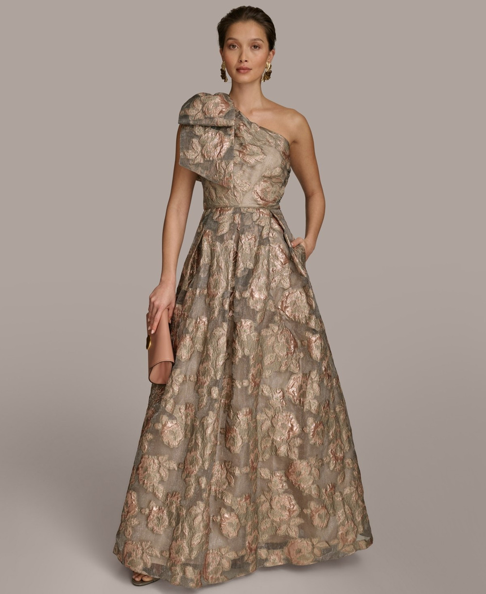 Donna Karan One-Shoulder Floral Jacquard Maxi Dress in Taupe and Rose Gold